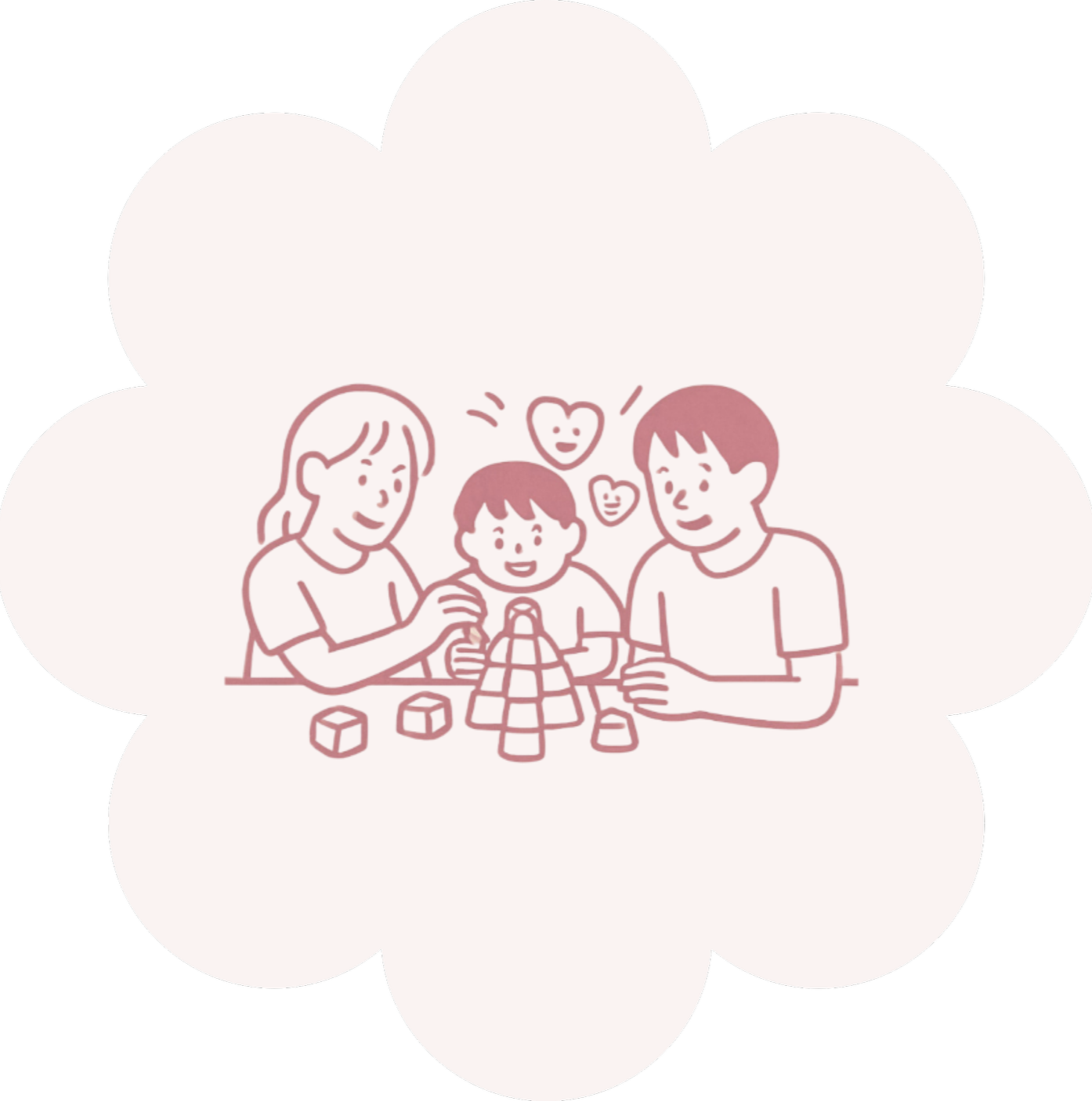 A family of three playing a tower building game with dice, with hearts and a smiling face above them.