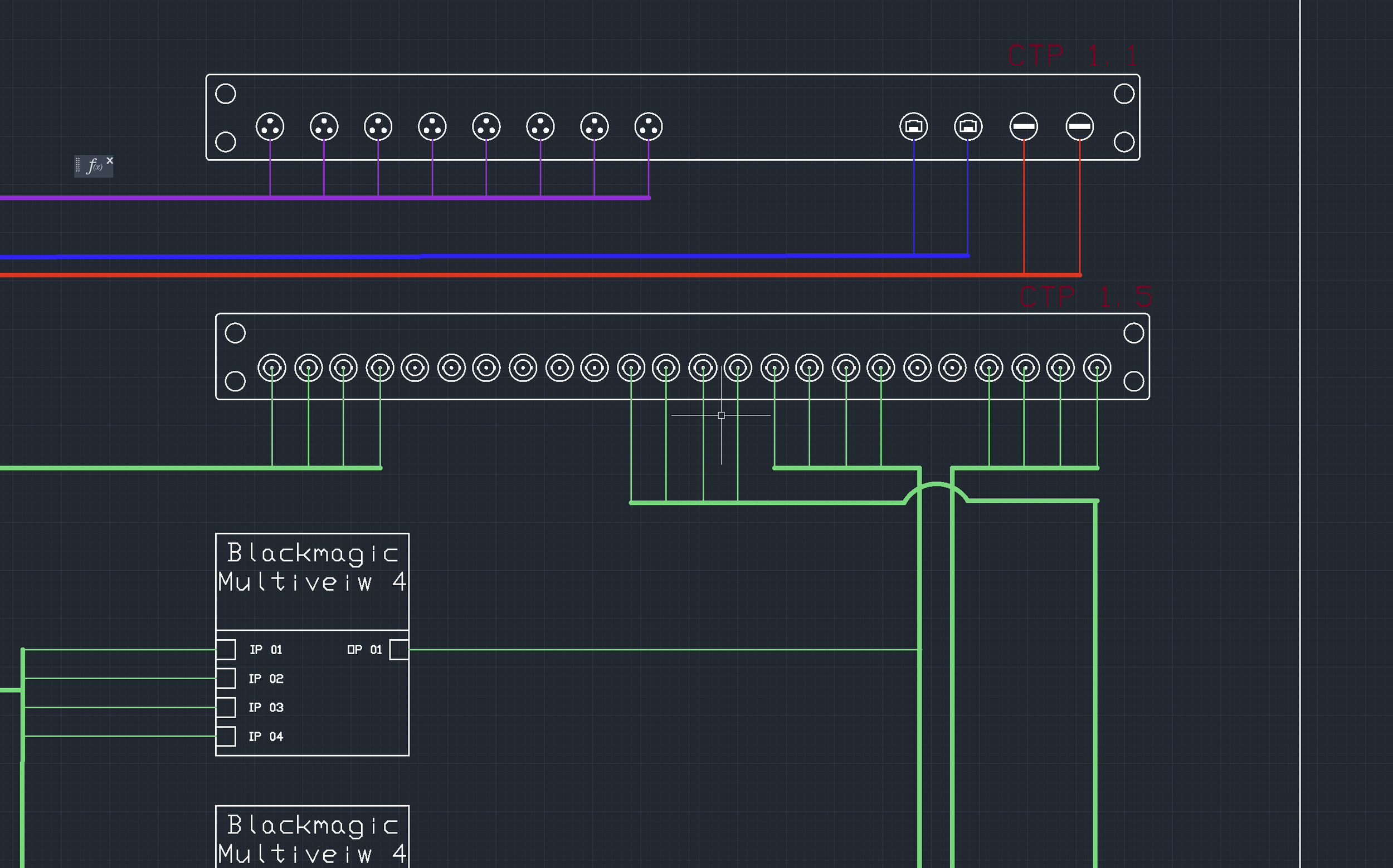 A technical schematic diagram of an electronic wiring system, showing multiple connectors, wires of different colors, and two multiview modules labeled 'Blackmagic Multiview 4', on a dark grid background.
