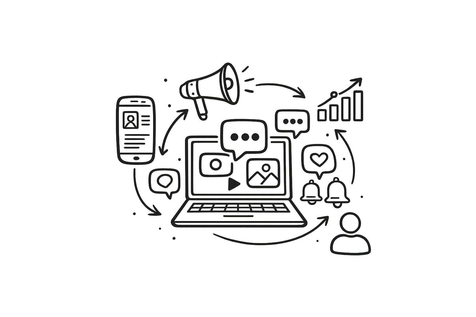 A digital illustration of social media and online marketing, featuring a laptop with various icons such as speech bubbles, images, videos, and notifications, connected through arrows to a smartphone, a megaphone, growing bar graphs, and a user silhouette, symbolizing digital communication and growth.