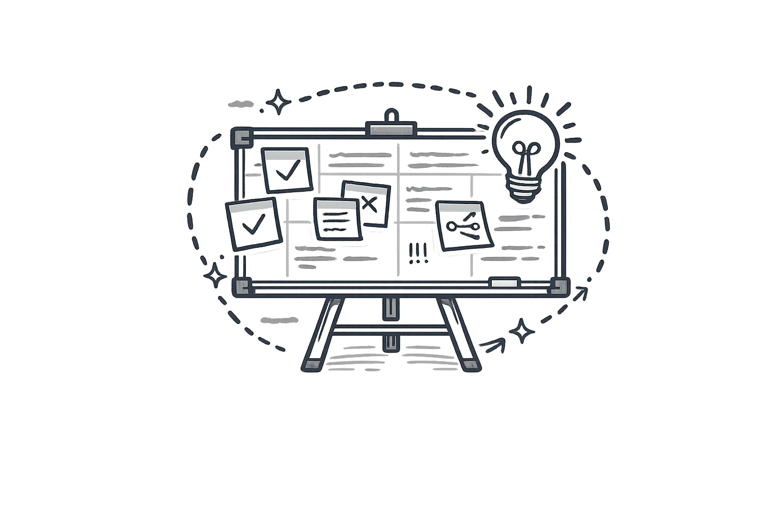 A sketch of a board on a stand with sticky notes, checkmarks, and symbols, next to a lightbulb icon, representing ideas or planning.