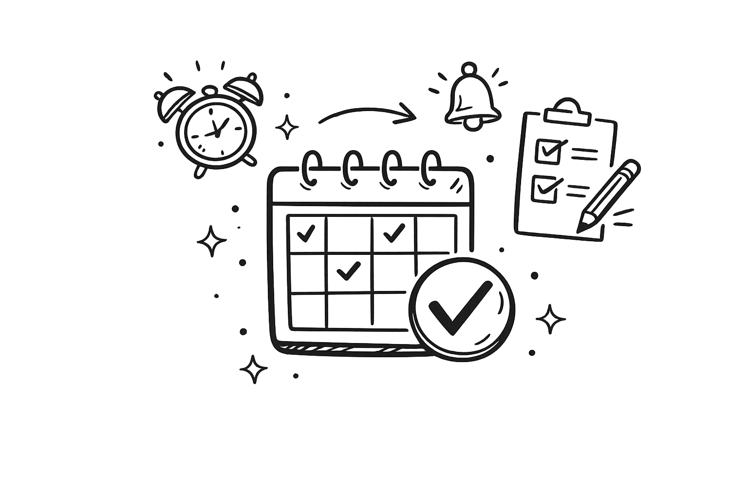 A sketch of a calendar with checked boxes, a large checkmark badge, an alarm clock, a bell notification, and a checklist with a pen, representing scheduling and task management.