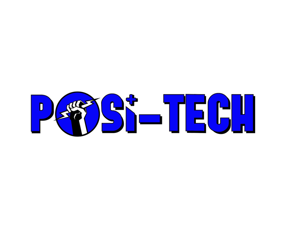 Logo for Posi-Tech featuring a clenched fist holding a lightning bolt inside a blue circle, with the words 'POSI-TECH' in bold blue letters.