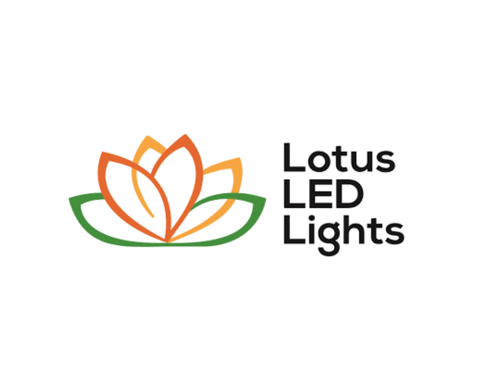 Logo for Lotus LED Lights featuring a stylized lotus flower in orange, yellow, and green lines with the text "Lotus LED Lights" beside it.