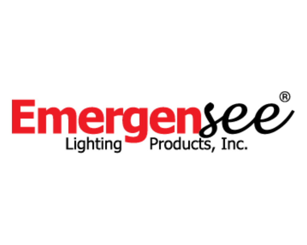 Logo of Emergency Lighting Products, Inc., with the word 'Emergensee' in large red and black letters.