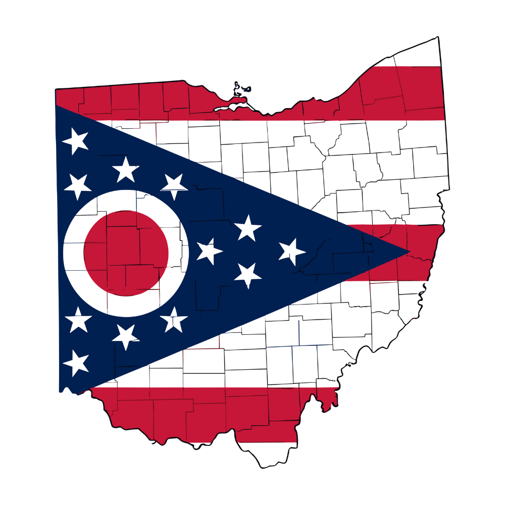 Map of Ohio filled with the Ohio state flag design, including red, white, and blue colors, stars, and a circular emblem.