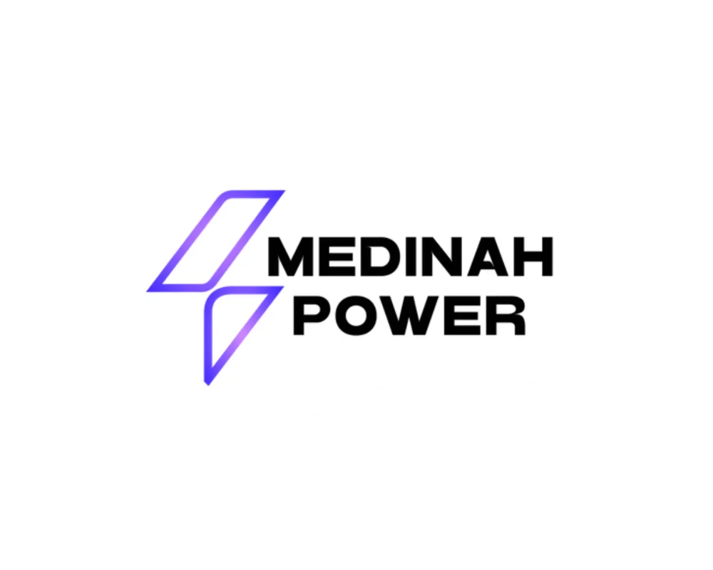 Logo for Medinah Power featuring stylized lightning bolts in purple and blue next to bold black text.