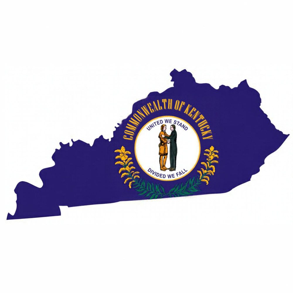Outline of the state of Kentucky with the Kentucky state flag and seal in the center.
