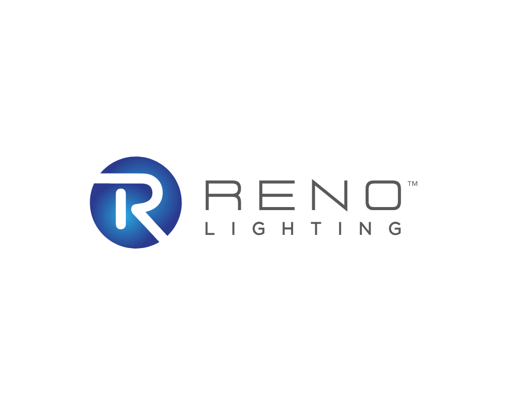 Logo for Reno Lighting featuring a blue circular icon with a white stylized letter R.
