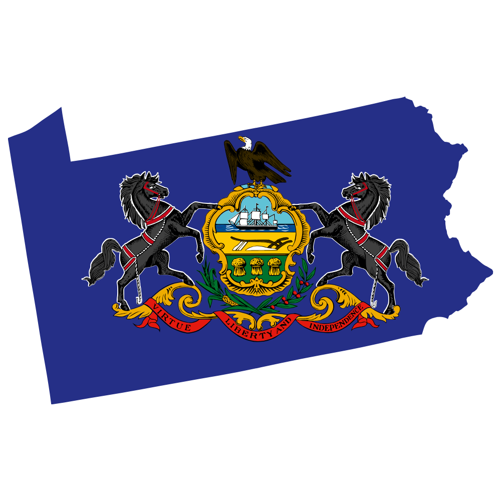State of Pennsylvania flag with a blue background, featuring a shield with a ship, a plow, and three sheaves, topped by an eagle and flanked by two black horses, with a red banner at the bottom reading "Virtue, Liberty and Independence."