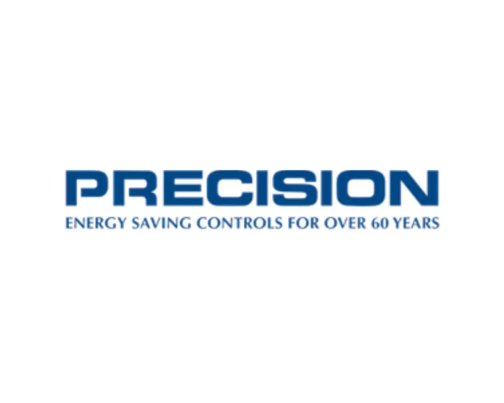 The logo with the word 'PRECISION' in bold blue capital letters and the tagline 'ENERGY SAVING CONTROLS FOR OVER 60 YEARS' underneath.