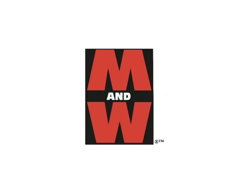 The logo for M and W, with large red letters and a black background, with the words AND in white in the center.