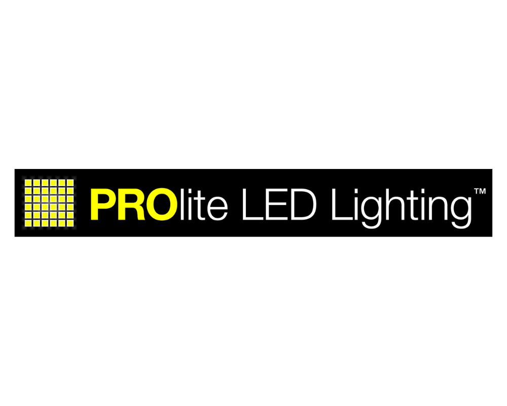 Logo of PROlite LED Lighting with black background, yellow and white text, and a yellow grid of squares