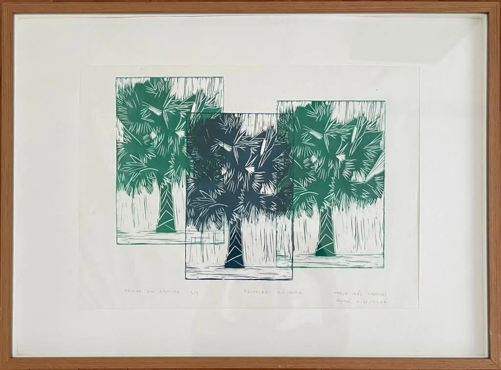 Palmeiras Bismarck Azul + Verde (67 x 50cm / linóleogravura sobre papel de arroz / 2021) Coleção particular