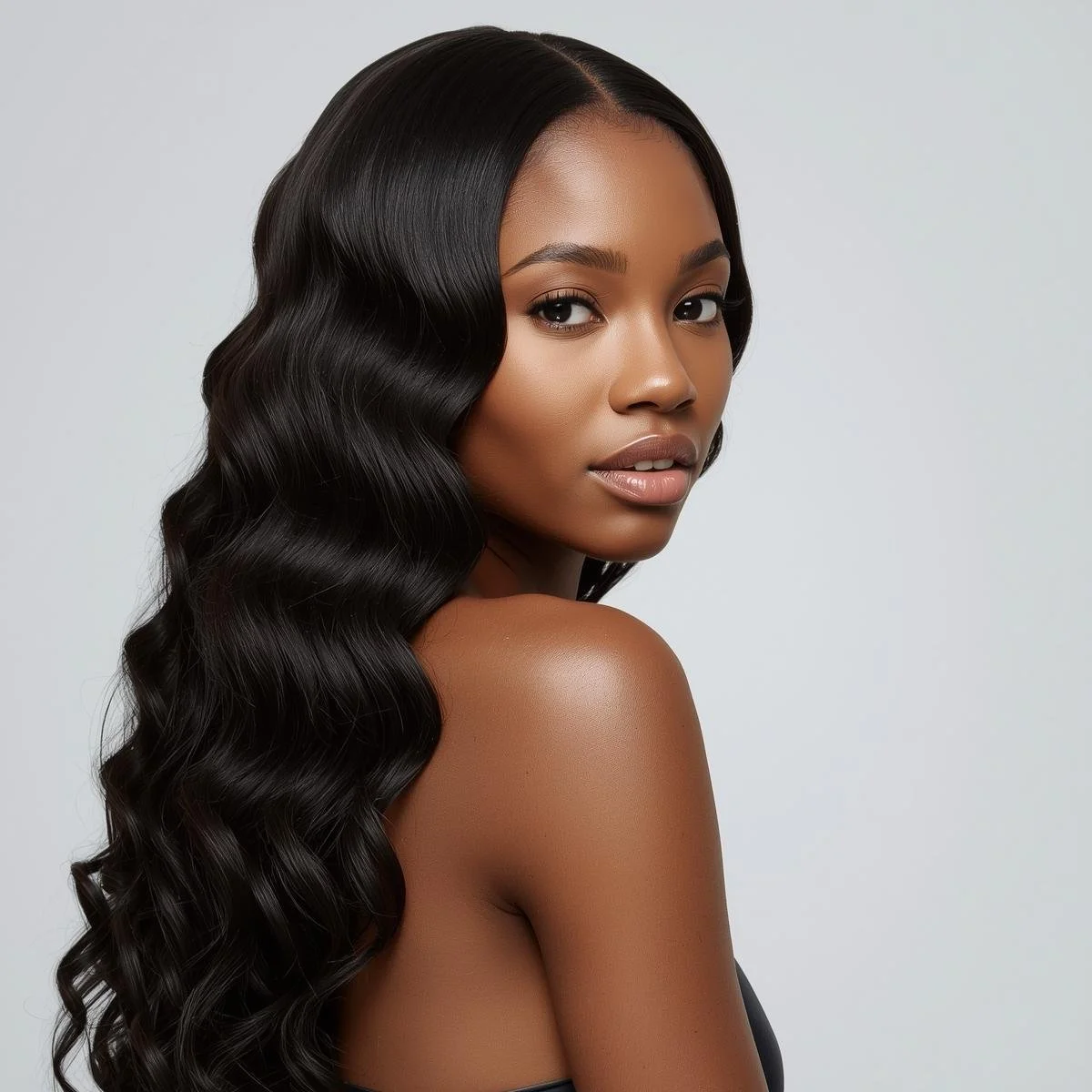 REALISTIC LONG WAVY BLACK EXTENSIONS OVER SHOULDER ON  NIGERIAN PRETTY  MODEL WHITE BACKGROUND.jpg
