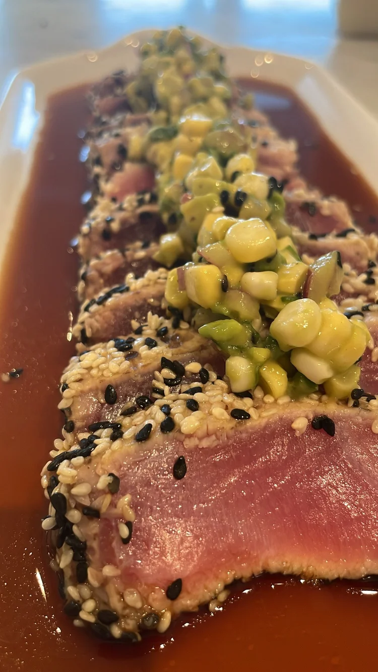 Seared tuna steak with sesame and soy