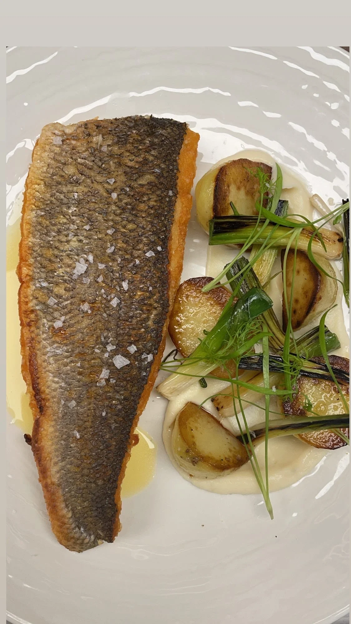 A plated dish featuring a pan-seared fish fillet with crispy skin, topped with coarse salt, accompanied by roasted potatoes, green onions, and garnished with fresh herbs.