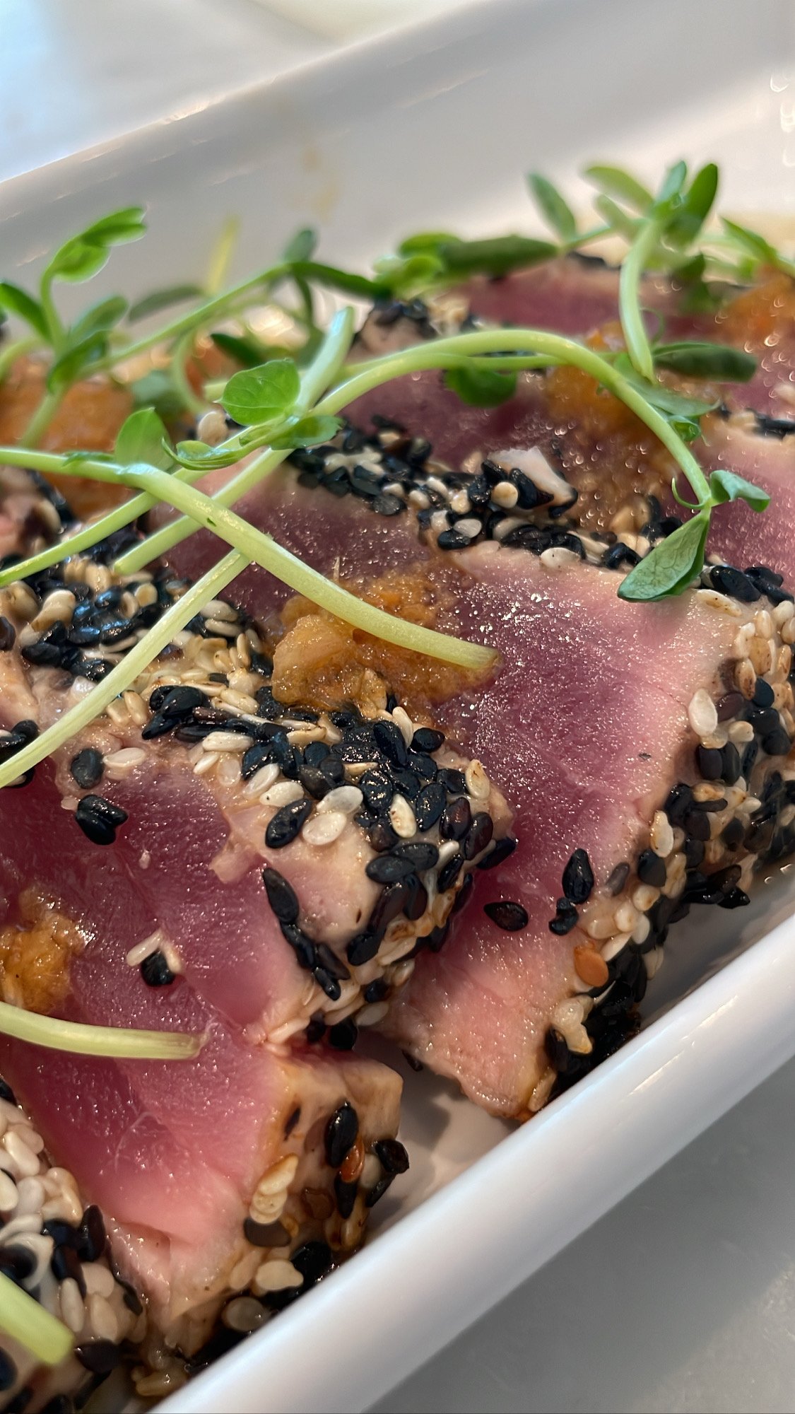 Close-up of seared ahi tuna coated with black and white sesame seeds, garnished with microgreens.