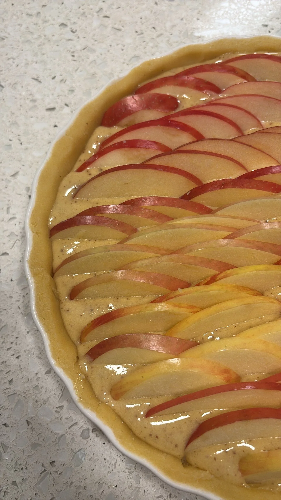 Apple tart with sliced apples arranged in overlapping rows in a white ceramic dish on a speckled countertop.