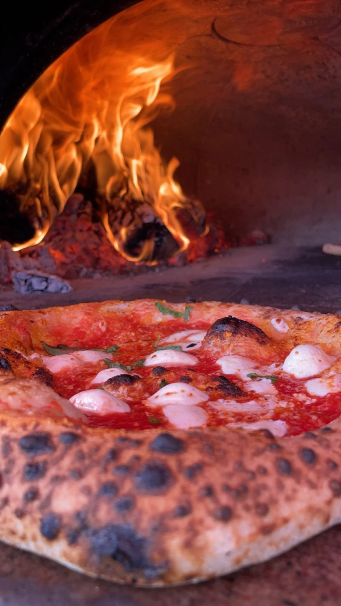 Close-up of a pizza with melted cheese, tomato sauce, and basil inside a wood-fired oven with flames in the background.