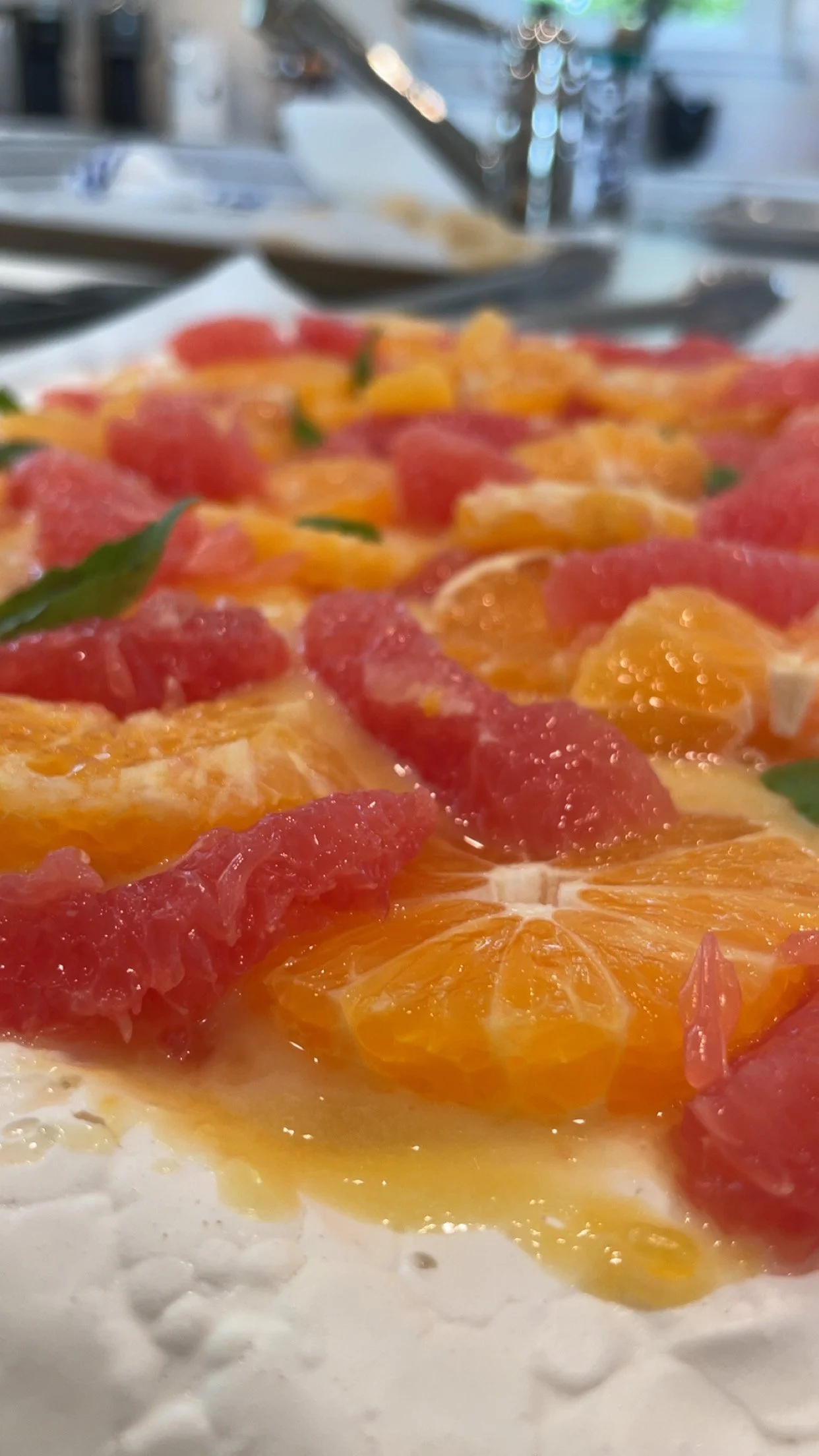 Close-up of a dessert with fresh orange, grapefruit, and lime slices on top of a creamy white base, garnished with small green leaves.