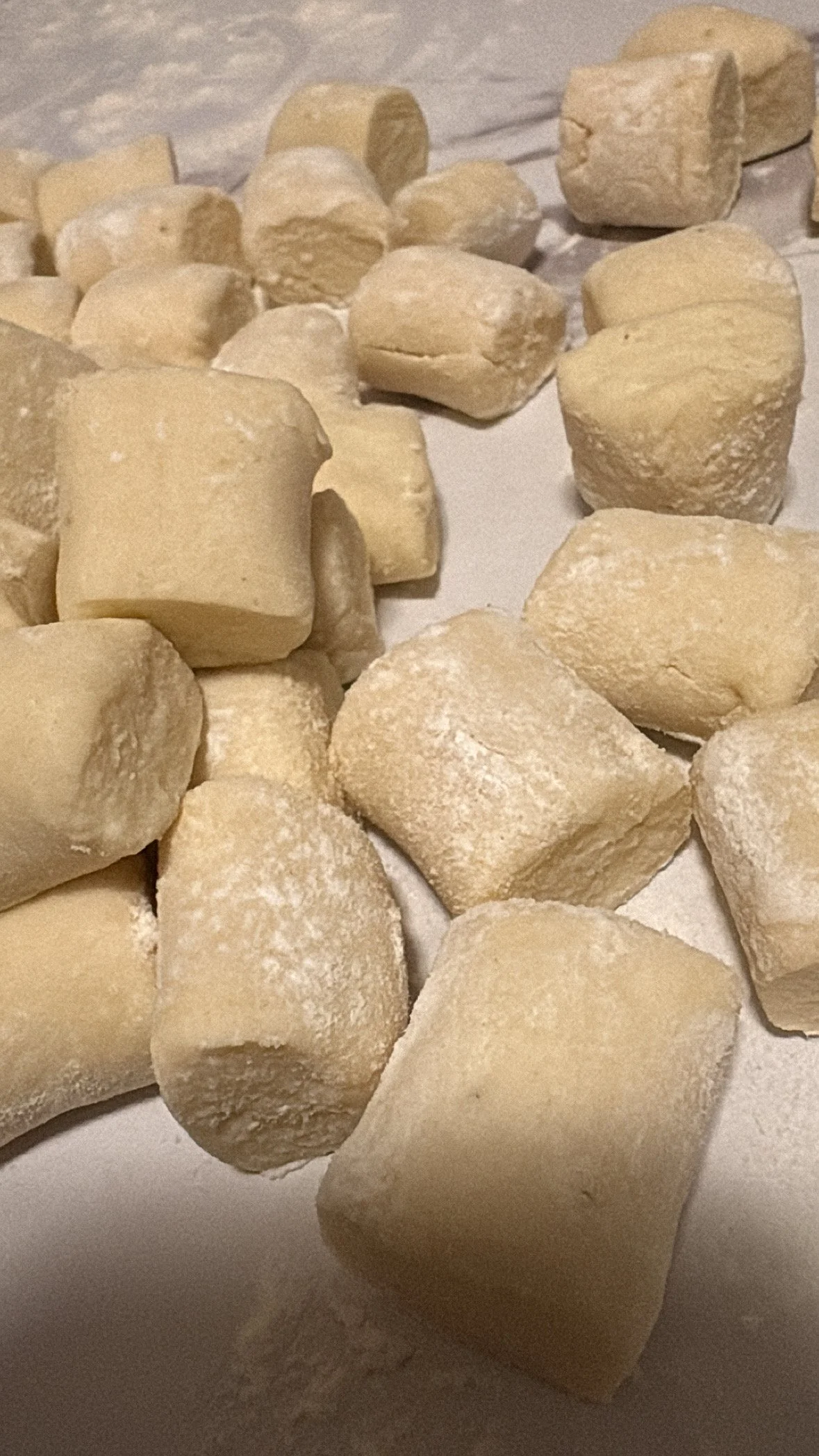 Uncooked gnocchi pasta pieces coated with flour on a white surface.