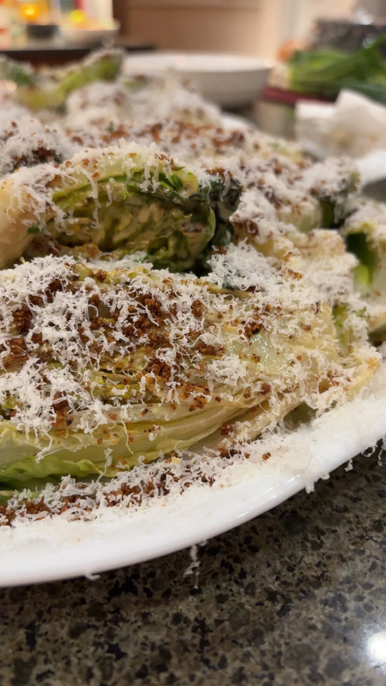 Close-up of a baked dish topped with shredded cheese, breadcrumbs, and greens on a white plate, set on a speckled countertop.