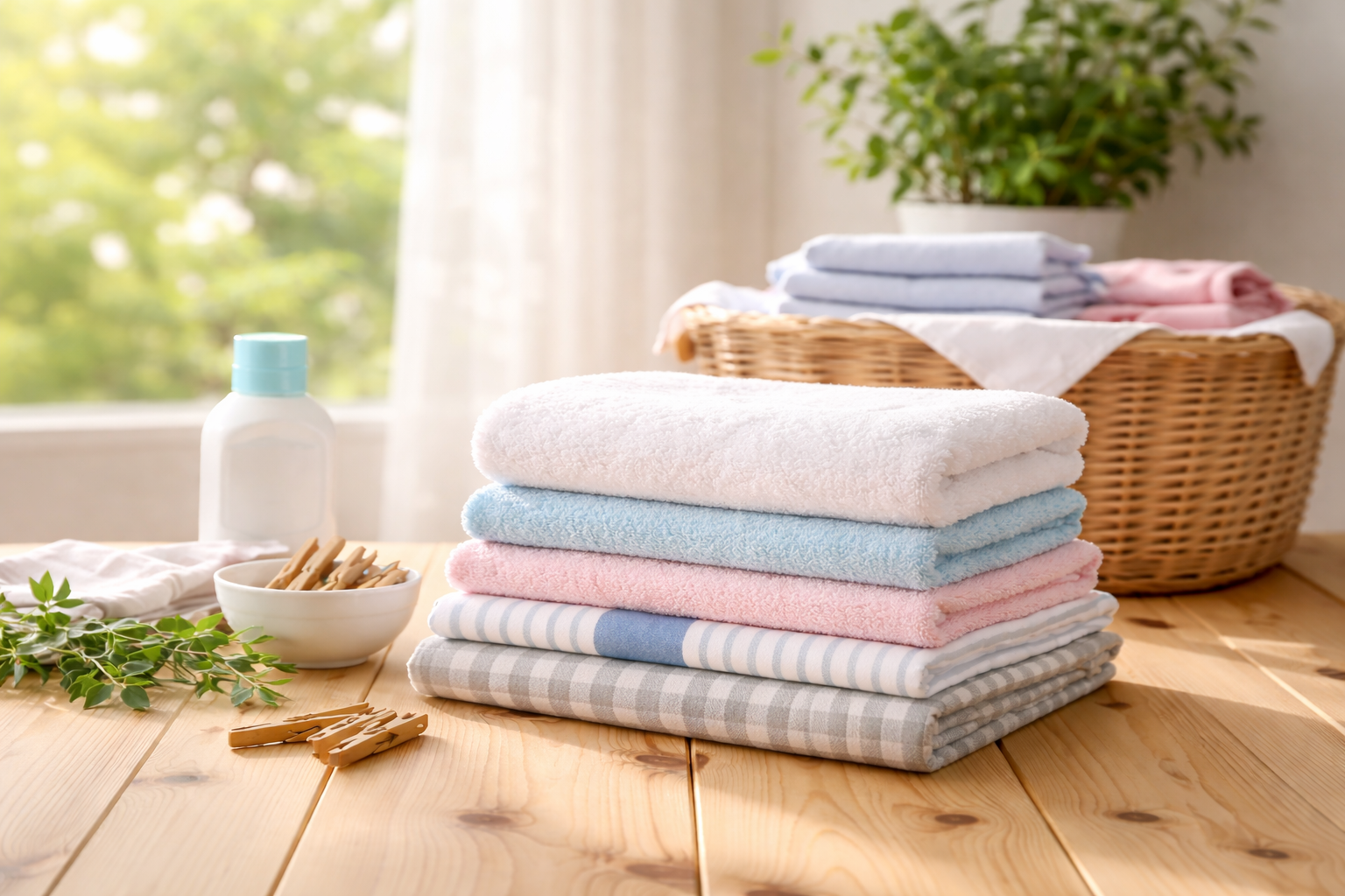 Stacked towels with a bottle of lotion, a bowl of clothespins, and a basket of folded towels on a wooden table near a window with greenery outside.