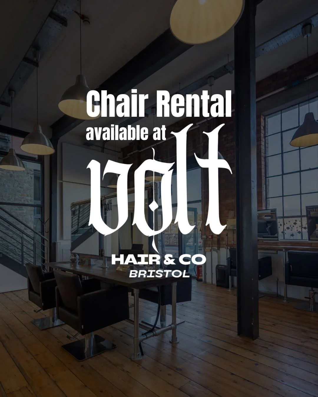 Advert for Chair rentals. Rent a chair, available to anyone offering hair services.