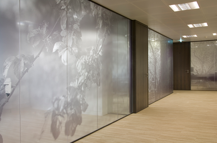 Modern office hallway with wood and glass walls, and a large wall mural of leaves and branches in grayscale.
