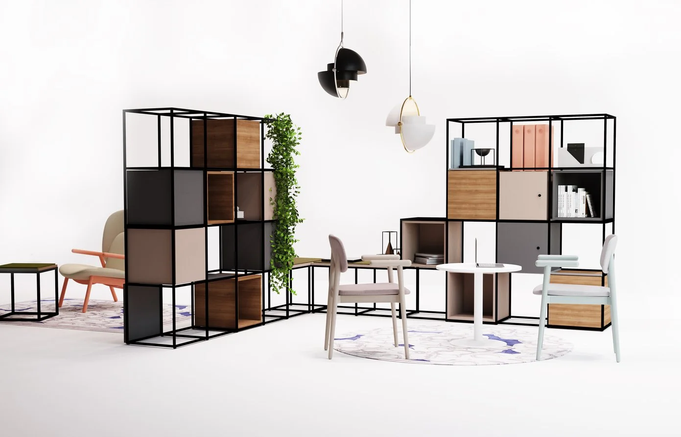 Modern minimalist interior with open shelving units, a round white table, two chairs, a pink lounge chair, and decorative hanging lamps.