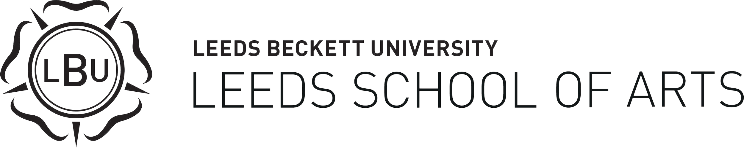 Leeds Beckett University Leeds School of Arts logo with a circular emblem and black text on a white background.