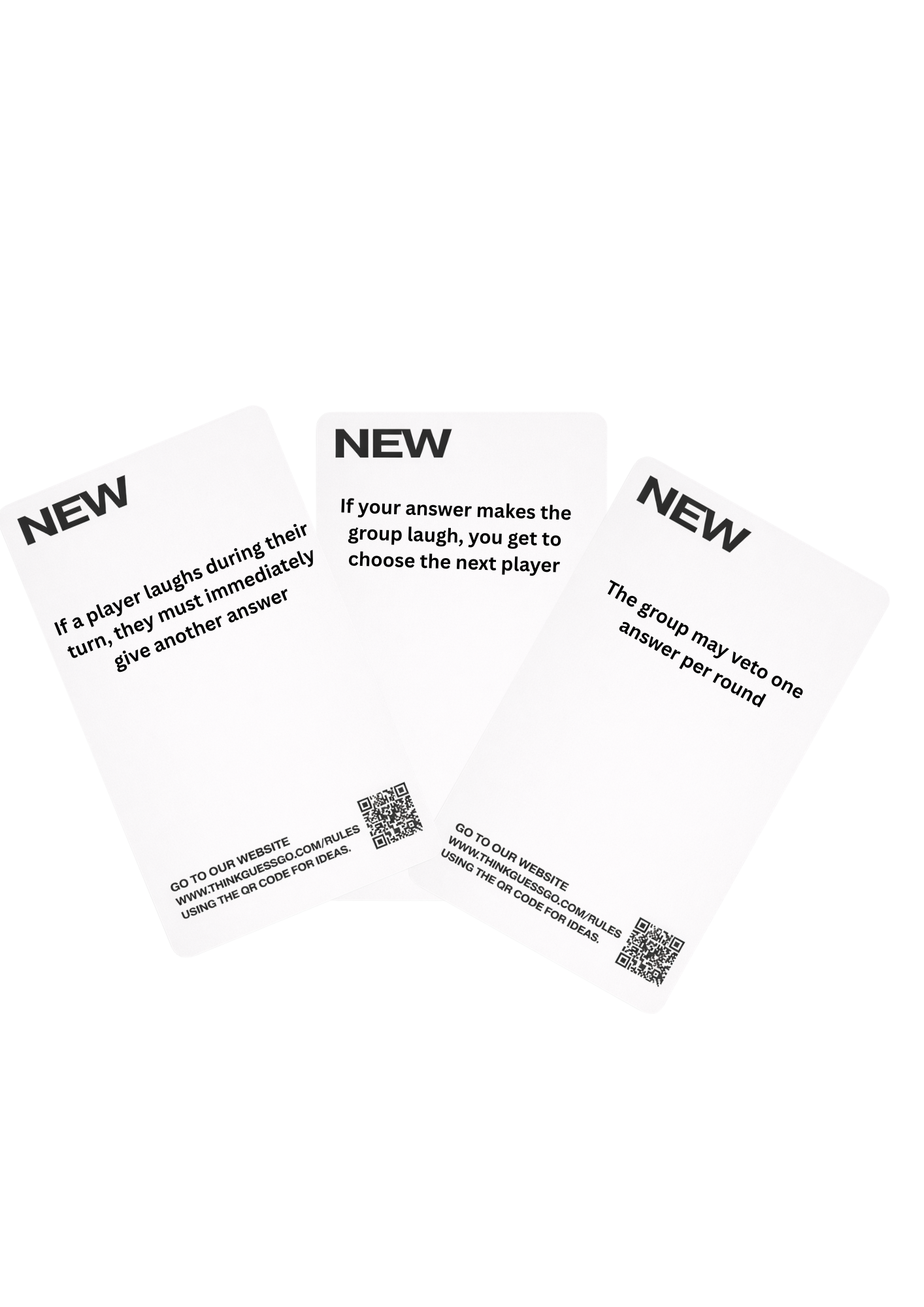 Three playing cards with instructions and QR codes, titled 'NEW', with black text on a white background, tilted and overlapping