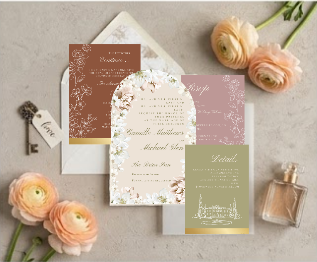Wedding invitation suite with a main card, RSVP, and details card placed on a light surface, surrounded by peach-colored ranunculus flowers, a small vintage key with a 'love' tag, and a bottle of perfume.