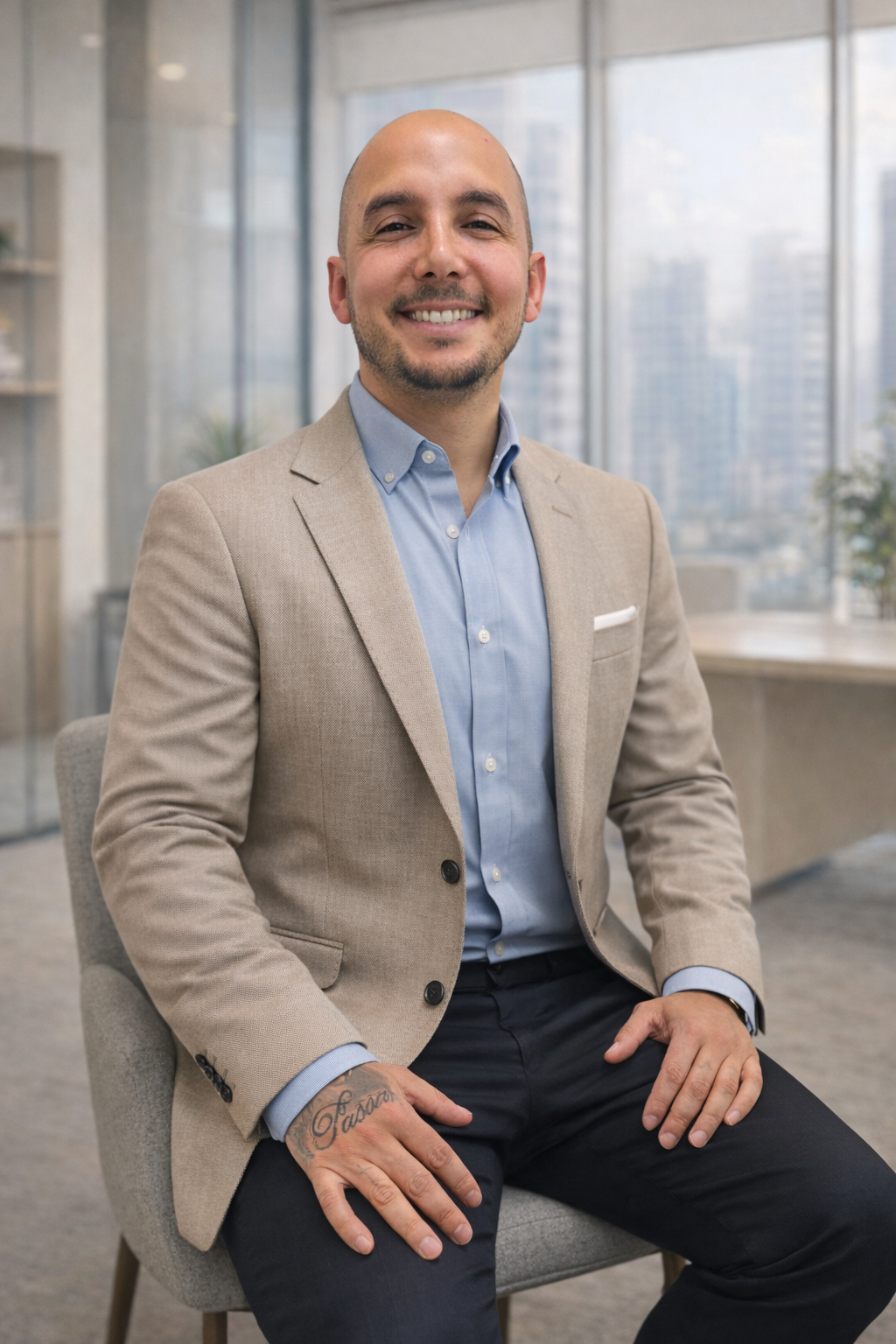 Homem sorrindo, de terno bege, camisa azul e barba, sentado em cadeira de escritório com fundo de janelas de vidro e prédios altos.