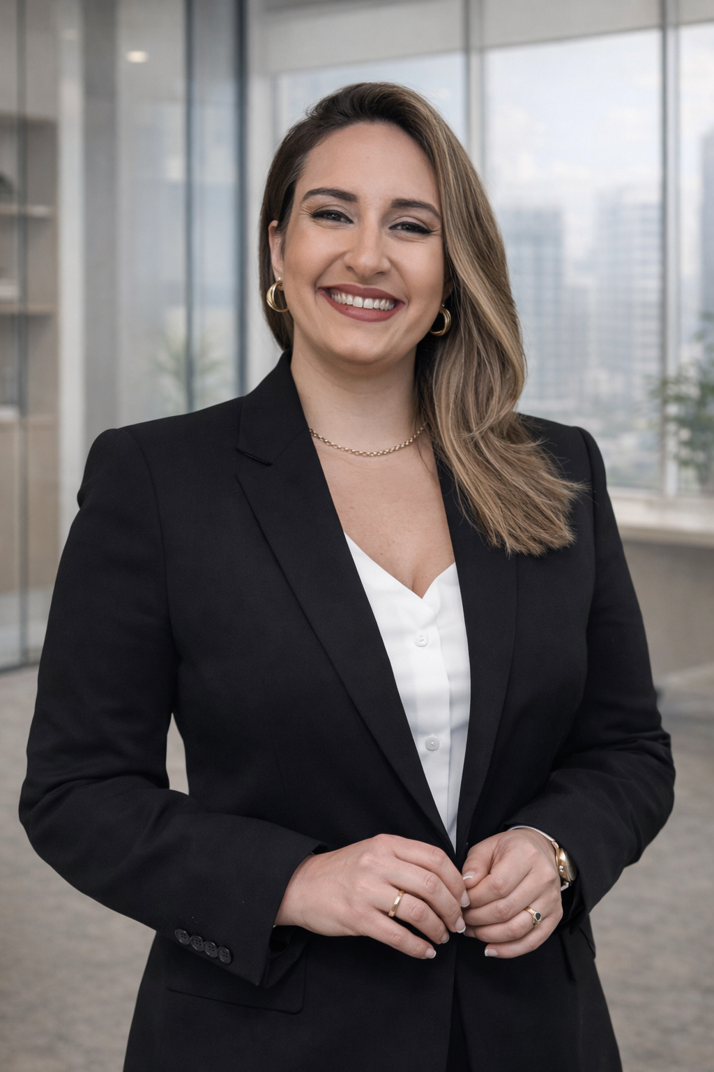 Mulher sorridente, de cabelo castanho e cabelo longo, vestindo terno preto e blusa branca, em um ambiente de escritório moderno com janelas grandes ao fundo.
