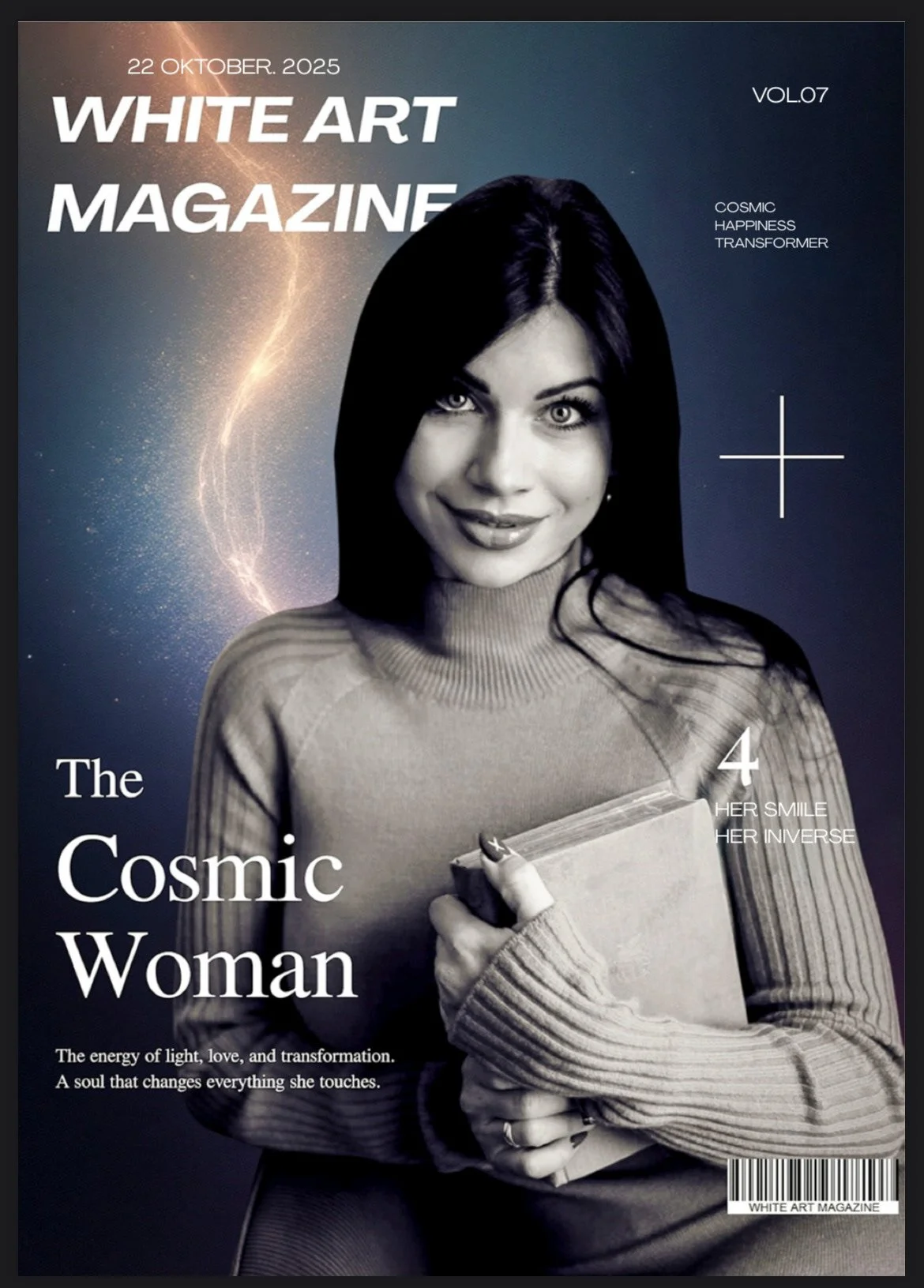 A magazine cover titled 'White Art Magazine,' dated October 22, 2025, featuring a young woman with black hair, light-colored eyes, and a slight smile, holding a book against a cosmic background with stars and a lightning streak. Text on the cover describes her as 'The Cosmic Woman,' emphasizing light, love, and transformation.