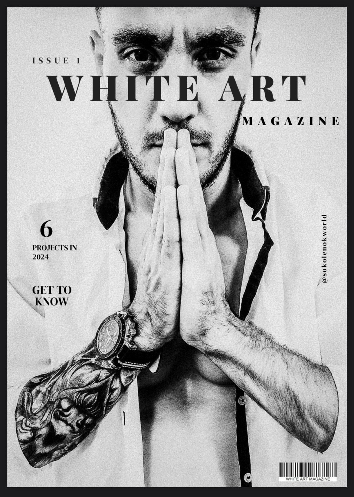 Cover of White Art Magazine featuring a black and white portrait of a man with arms folded in prayer pose, showing tattoos and wearing a watch.