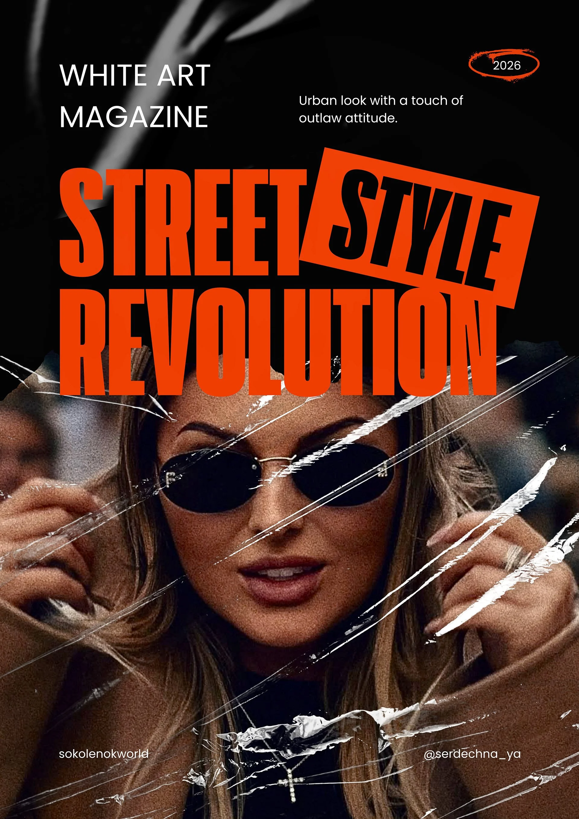 Cover of White Art Magazine featuring a woman with blonde hair, sunglasses, and a beige coat, with the headline 'Street Style Revolution' in bold orange text, a black background, and a red circle with '2026' in the top right corner.