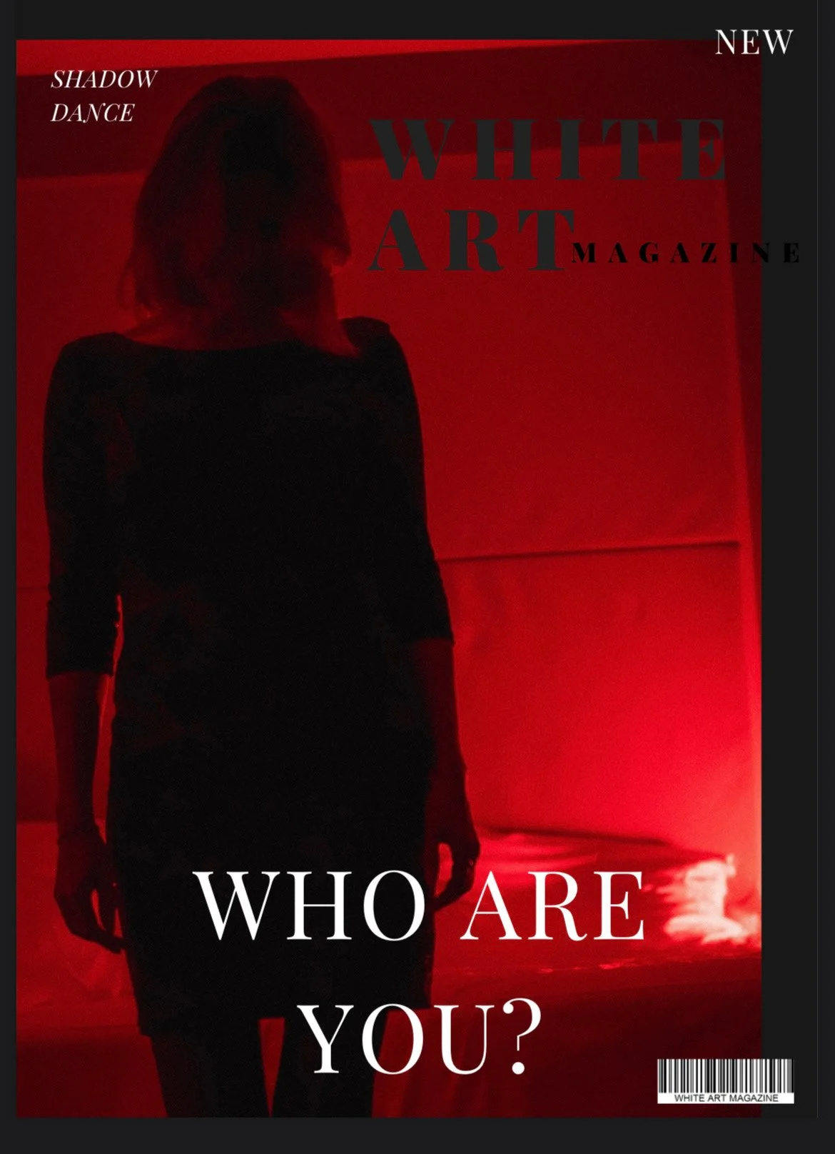 A woman standing in a dimly lit room with red lighting, with her face in shadow, on the cover of White Art Magazine with the headline 'WHO ARE YOU?'.