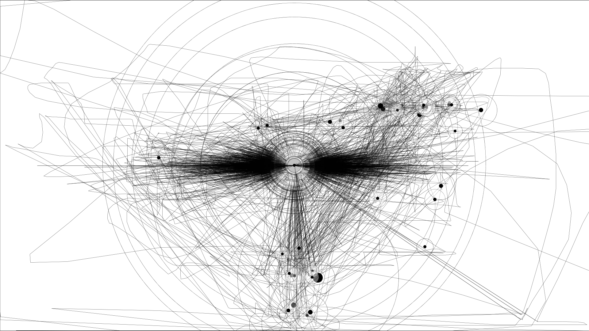A complex abstract digital drawing featuring interconnected lines, circles, and shapes in black on a white background.