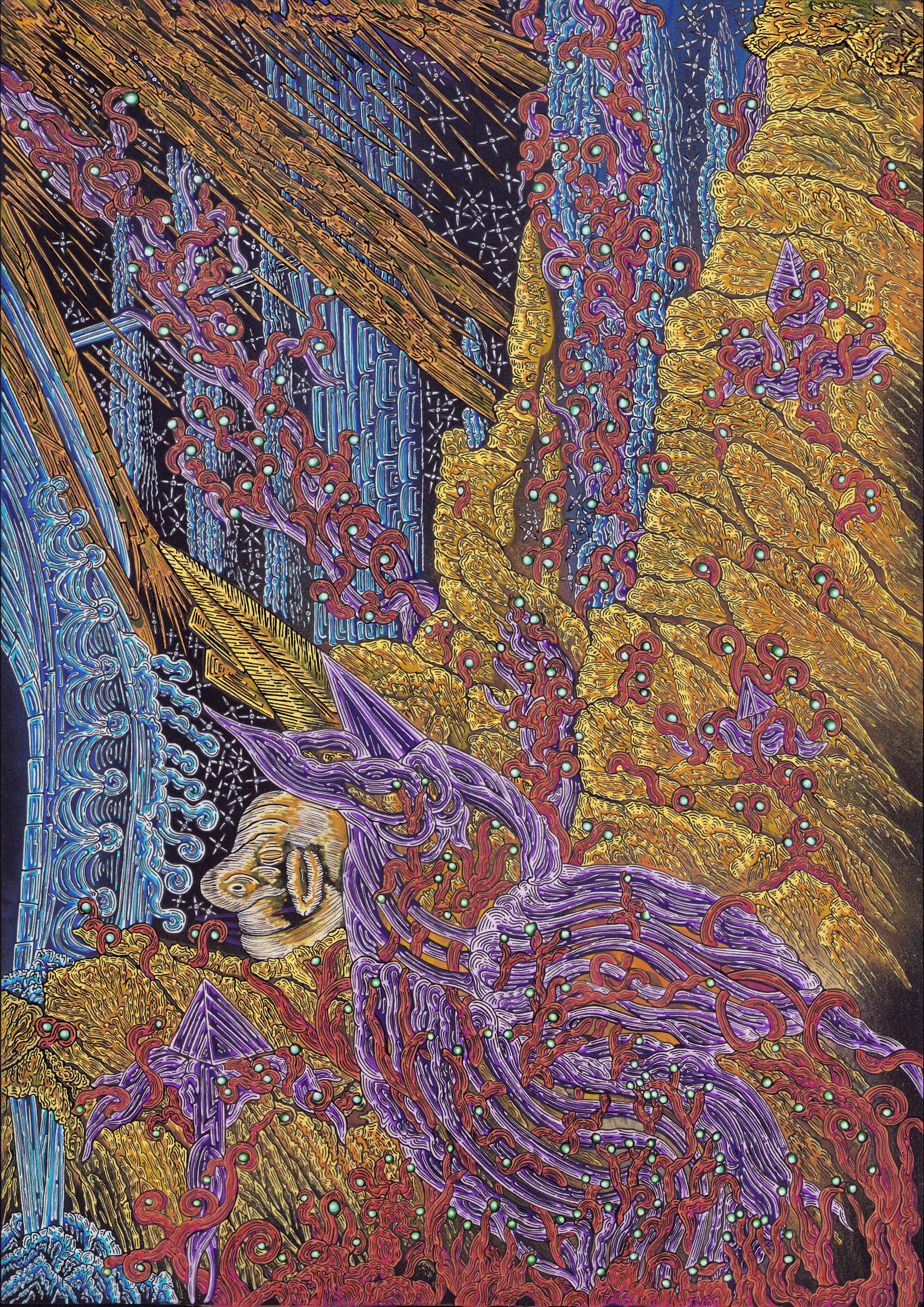 Maximilian Zischka, "2 von 4: Amor Fati und der Vogelschrei", Tinnituszyklus, 2026, 42x29,7 cm, acryl on paper
