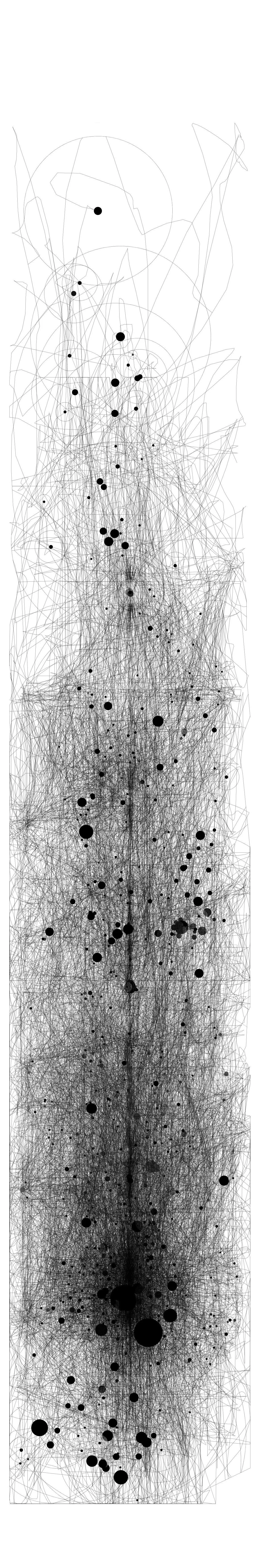 A black and white abstract digital drawing with numerous scattered black dots and intersecting lines, creating a dense, chaotic pattern.