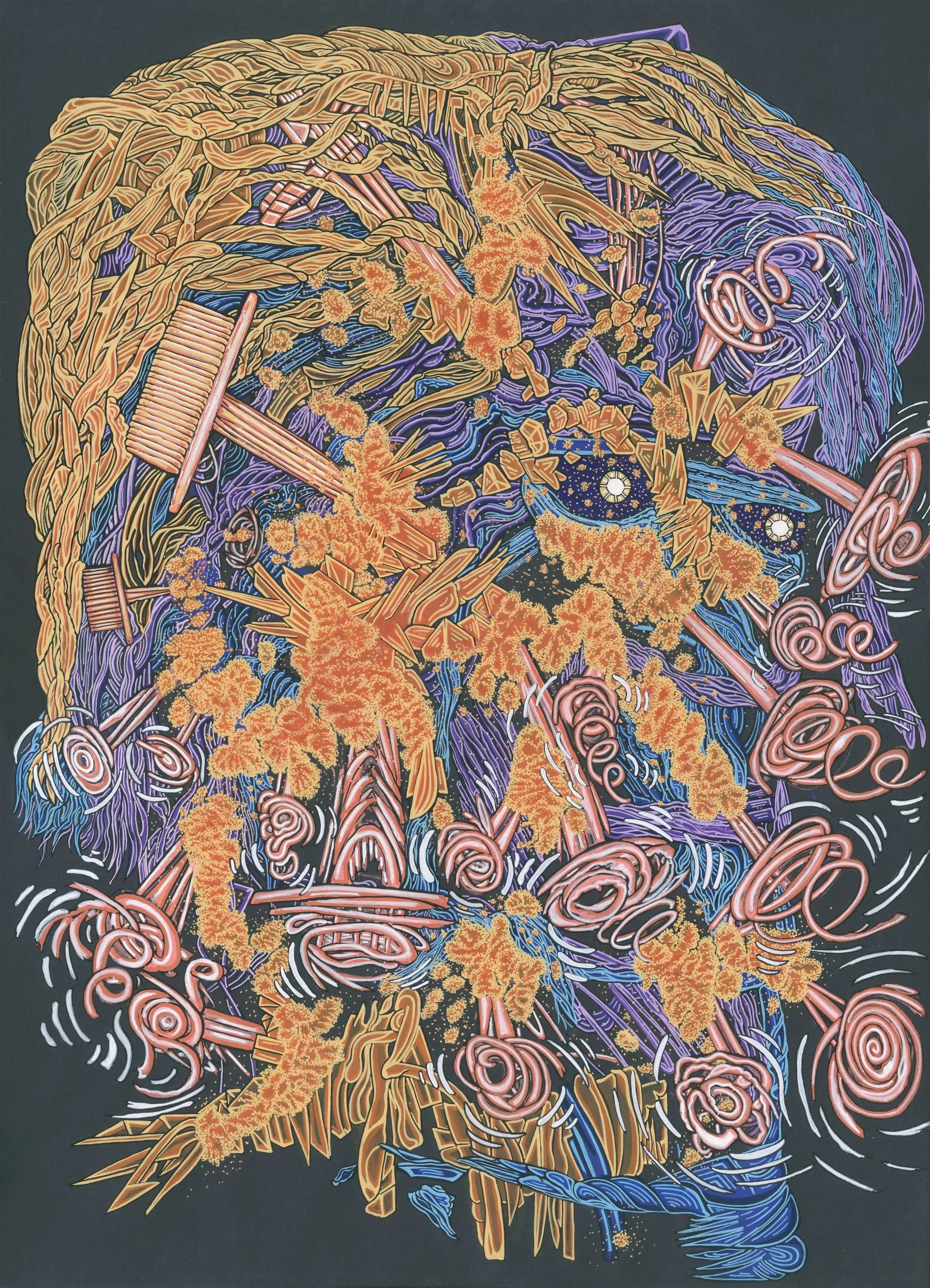 Abstract colorful artwork with swirling lines and shapes in orange, pink, purple, and blue on a black background.