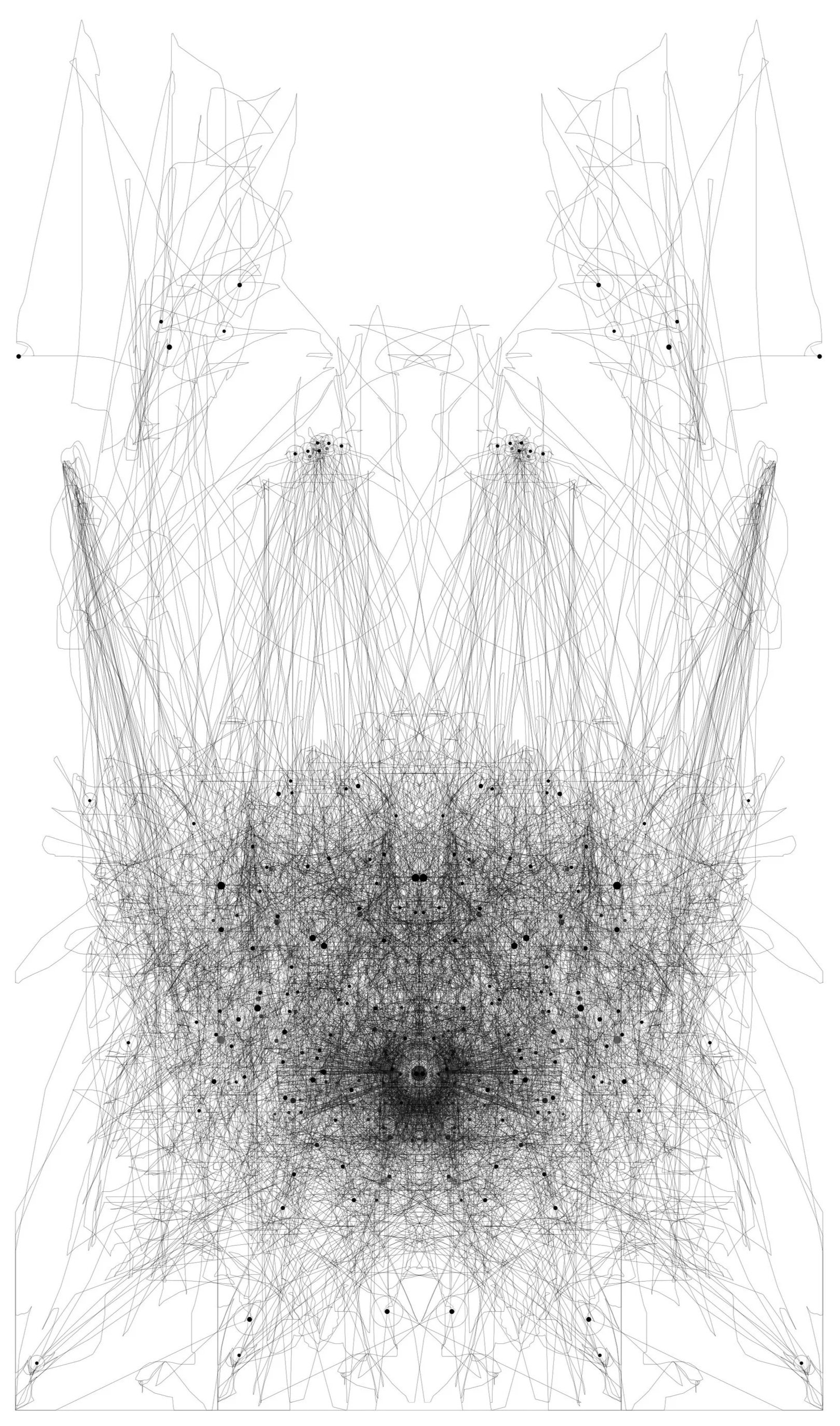 A symmetrical, abstract digital artwork consisting of black lines and dots on a white background, forming a complex pattern resembling a face or mask.