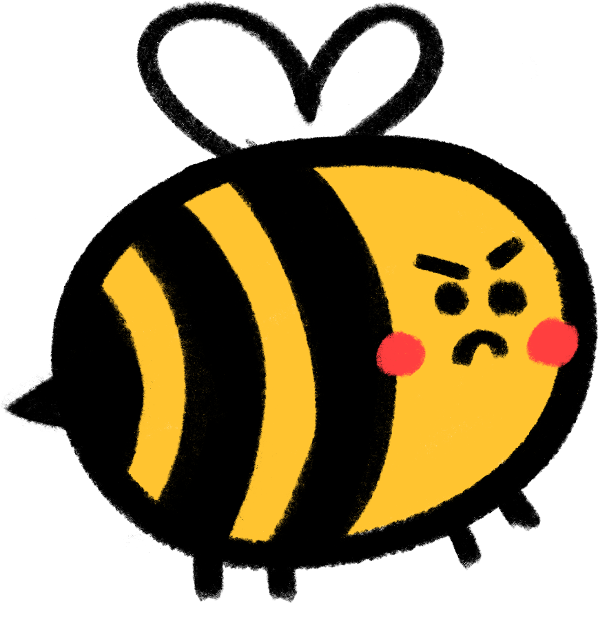 Cartoon illustration of an angry-looking bee with yellow and black stripes, white wings, and red cheeks, set against a black background.