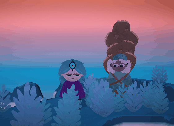 Two animated characters, one with blue hair and a purple robe and the other with brown hair in a bun and a blue head covering, sitting among foliage with a colorful sunset sky in the background.