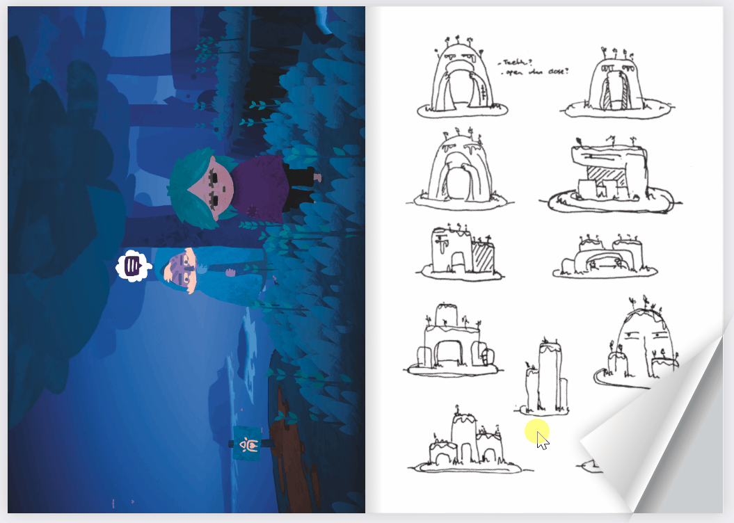 A digital illustration on the left showing two characters by a river at night, one sitting on the ground and the other standing nearby, with a boat and a sailboat in the background. The right side features a pen sketch of various cartoonish, rounded house or building designs, some with chimneys and others with antennas, in different styles and sizes.