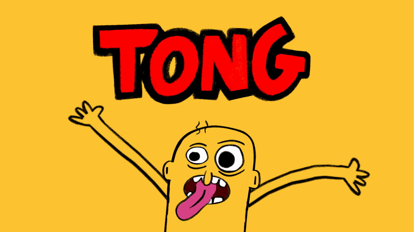 A cartoon character with a yellow body, large eyes, and a pink tongue sticking out, raising his arms with the word "TONG" in bold red letters above him.