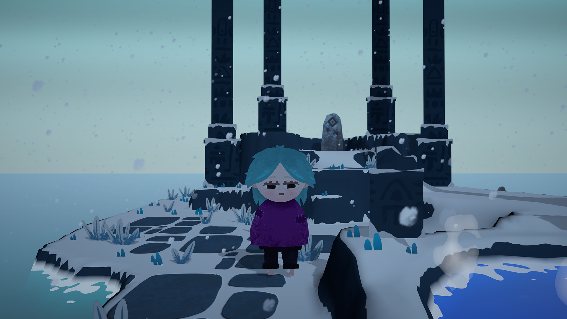 A cartoon character with blue hair and a purple coat standing on a snow-covered island near the sea, with an ancient stone monument and dark columns in the background, during snowfall.
