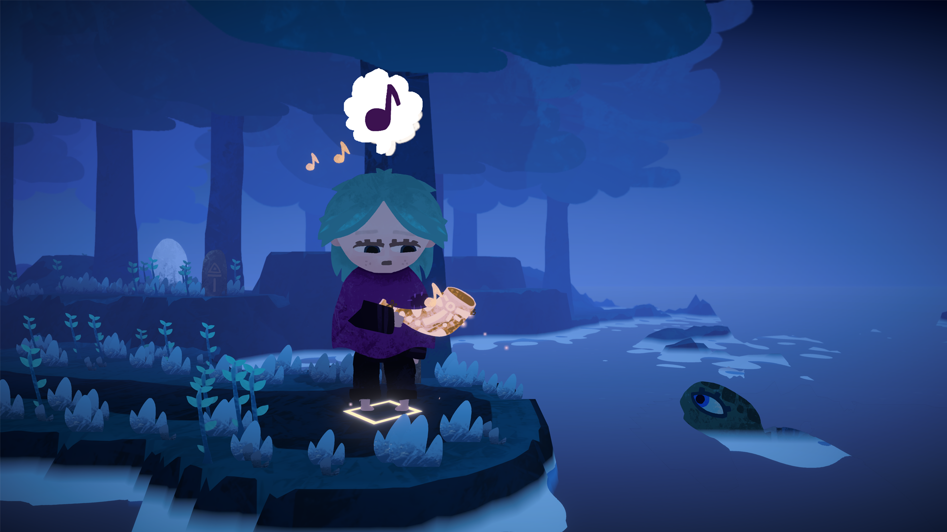 A cartoon-style character with teal hair, wearing a purple shirt, is standing on a small floating island by the water at night. The character appears sad and is holding a brown bowl. A turtle is in the water nearby, and a trail of stars or glowing particles is under the character's feet. The environment includes trees and gravestones in the background, with a dark, misty atmosphere.
